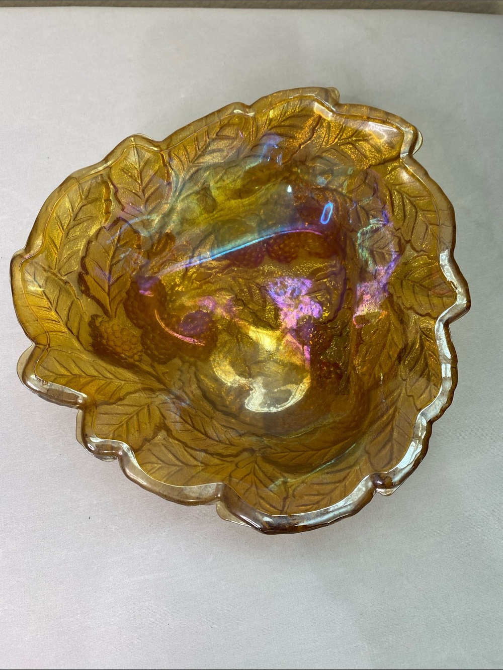 Amber Iridescent Decorative Leaf Glass Bowl - Home Art